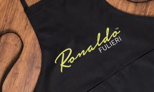 Branding design for Ronaldo Fulieri - logo embroidered on cooking apron